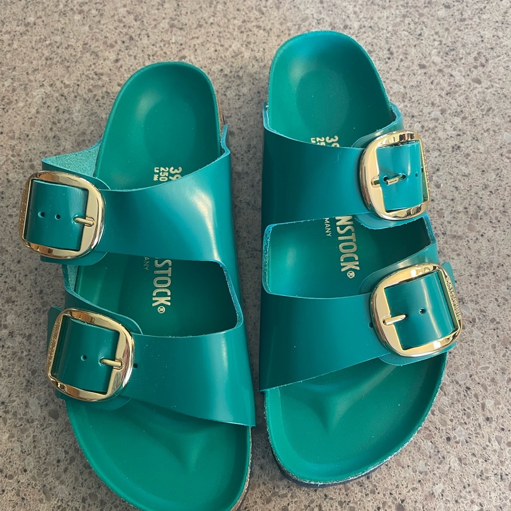Birkenstock Teal Arizona EVA Sandals with Gold Buckles